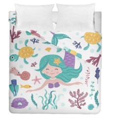 Set Cute Mermaid Seaweeds Marine Inhabitants Duvet Cover Double Side (queen Size) by Wegoenart