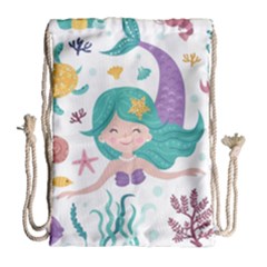 Set Cute Mermaid Seaweeds Marine Inhabitants Drawstring Bag (large) by Wegoenart