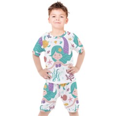 Set Cute Mermaid Seaweeds Marine Inhabitants Kids  Tee And Shorts Set by Wegoenart