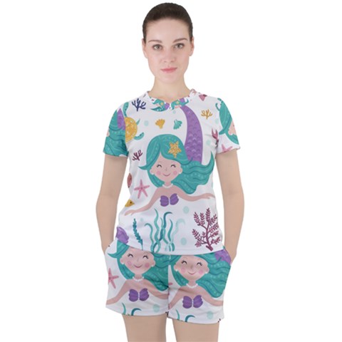 Set Cute Mermaid Seaweeds Marine Inhabitants Women s Tee And Shorts Set by Wegoenart