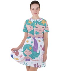 Set Cute Mermaid Seaweeds Marine Inhabitants Short Sleeve Shoulder Cut Out Dress  by Wegoenart