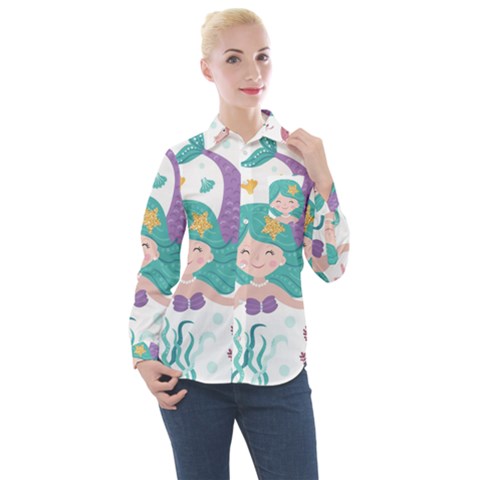 Set Cute Mermaid Seaweeds Marine Inhabitants Women s Long Sleeve Pocket Shirt by Wegoenart