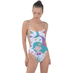 Set Cute Mermaid Seaweeds Marine Inhabitants Tie Strap One Piece Swimsuit by Wegoenart