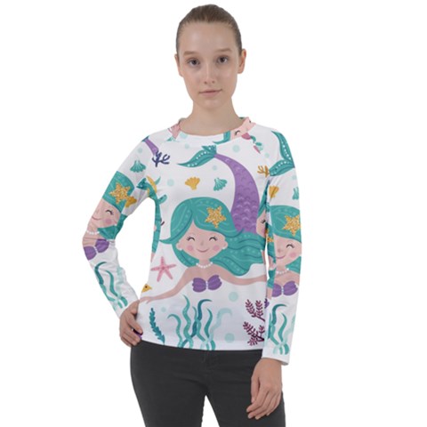 Set Cute Mermaid Seaweeds Marine Inhabitants Women s Long Sleeve Raglan Tee by Wegoenart