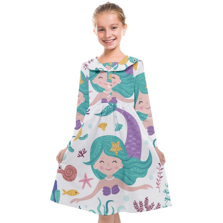 Set Cute Mermaid Seaweeds Marine Inhabitants Kids  Midi Sailor Dress