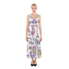 Fantasy Things Doodle Style Vector Illustration Sleeveless Maxi Dress by Wegoenart