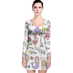 Fantasy Things Doodle Style Vector Illustration Long Sleeve Velvet Bodycon Dress by Wegoenart