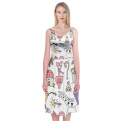 Fantasy Things Doodle Style Vector Illustration Midi Sleeveless Dress by Wegoenart