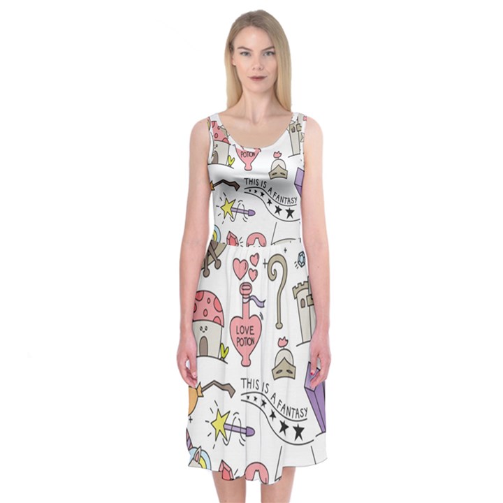 Fantasy Things Doodle Style Vector Illustration Midi Sleeveless Dress