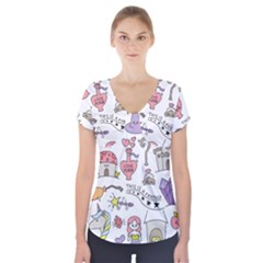 Fantasy Things Doodle Style Vector Illustration Short Sleeve Front Detail Top by Wegoenart