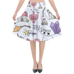 Fantasy Things Doodle Style Vector Illustration Flared Midi Skirt by Wegoenart