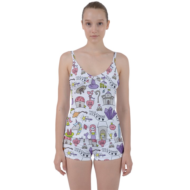 Fantasy Things Doodle Style Vector Illustration Tie Front Two Piece Tankini