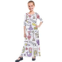 Fantasy Things Doodle Style Vector Illustration Kids  Quarter Sleeve Maxi Dress by Wegoenart