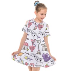 Fantasy Things Doodle Style Vector Illustration Kids  Short Sleeve Shirt Dress by Wegoenart