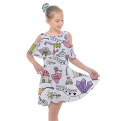 Fantasy Things Doodle Style Vector Illustration Kids  Shoulder Cutout Chiffon Dress by Wegoenart