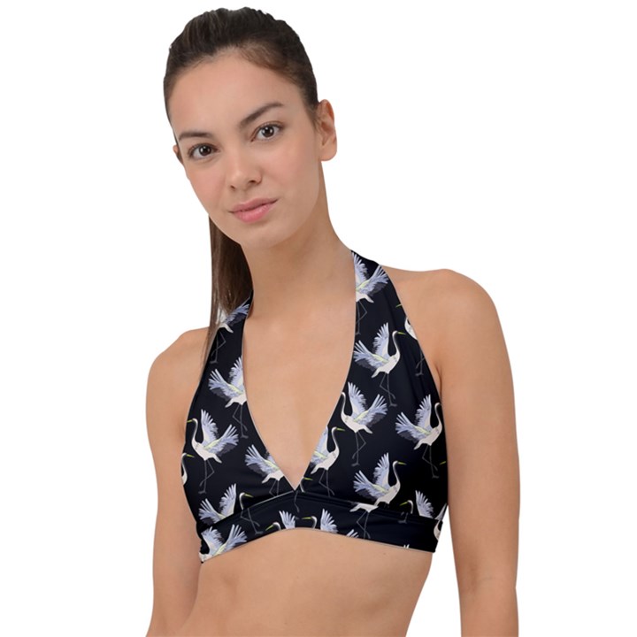 Crane Pattern Halter Plunge Bikini Top