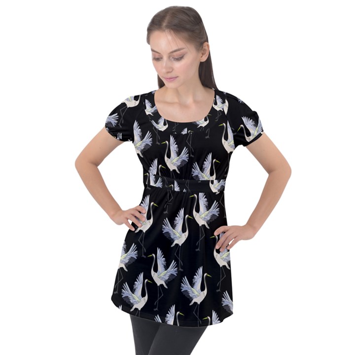 Crane Pattern Puff Sleeve Tunic Top