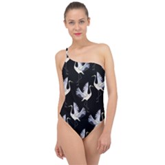 Crane Pattern Classic One Shoulder Swimsuit by Wegoenart