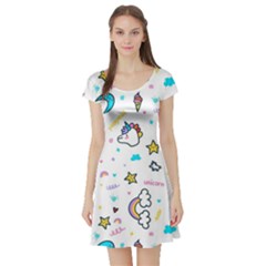 Unicorns Rainbows Seamless Pattern Short Sleeve Skater Dress