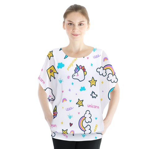 Unicorns Rainbows Seamless Pattern Batwing Chiffon Blouse by Wegoenart