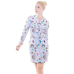 Unicorns Rainbows Seamless Pattern Button Long Sleeve Dress by Wegoenart