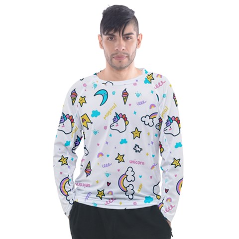 Unicorns Rainbows Seamless Pattern Men s Long Sleeve Raglan Tee by Wegoenart