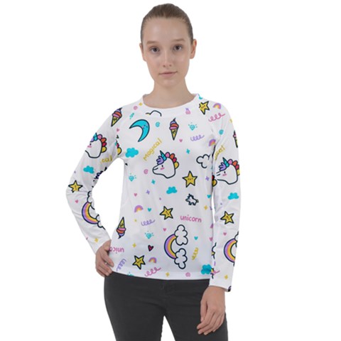 Unicorns Rainbows Seamless Pattern Women s Long Sleeve Raglan Tee by Wegoenart