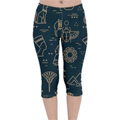 Dark Seamless Pattern Symbols Landmarks Signs Egypt Velvet Capri Leggings  by Wegoenart