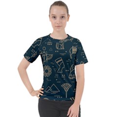 Dark Seamless Pattern Symbols Landmarks Signs Egypt Women s Sport Raglan Tee