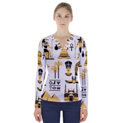 Egypt Symbols Decorative Icons Set V-neck Long Sleeve Top by Wegoenart