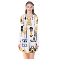 Egypt Symbols Decorative Icons Set Long Sleeve V-neck Flare Dress by Wegoenart