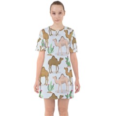 Camels Cactus Desert Pattern Sixties Short Sleeve Mini Dress by Wegoenart