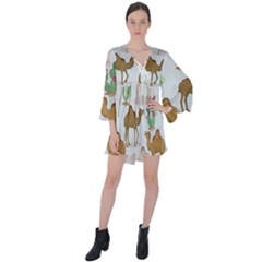 Camels Cactus Desert Pattern V-neck Flare Sleeve Mini Dress by Wegoenart