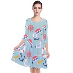 Nautical Marine Symbols Seamless Pattern Quarter Sleeve Waist Band Dress