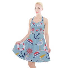 Nautical Marine Symbols Seamless Pattern Halter Party Swing Dress  by Wegoenart