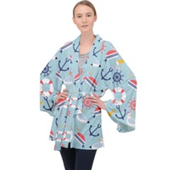 Nautical Marine Symbols Seamless Pattern Long Sleeve Velvet Kimono 