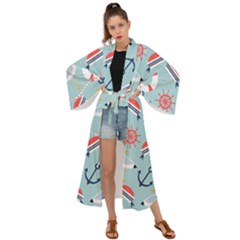 Nautical Marine Symbols Seamless Pattern Maxi Kimono by Wegoenart