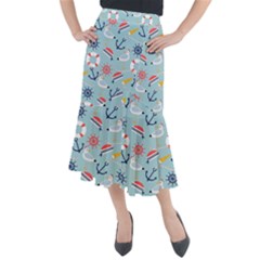 Nautical Marine Symbols Seamless Pattern Midi Mermaid Skirt by Wegoenart