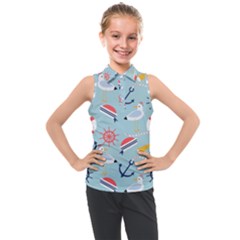 Nautical Marine Symbols Seamless Pattern Kids  Sleeveless Polo Tee