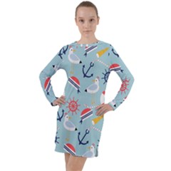 Nautical Marine Symbols Seamless Pattern Long Sleeve Hoodie Dress