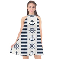 Nautical Seamless Pattern Vector Illustration Halter Neckline Chiffon Dress  by Wegoenart