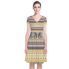 Seamless Pattern Egyptian Ornament With Lotus Flower Short Sleeve Front Wrap Dress