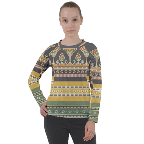 Seamless Pattern Egyptian Ornament With Lotus Flower Women s Long Sleeve Raglan Tee by Wegoenart