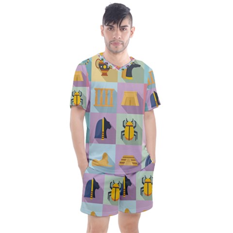 Egypt Icons Set Flat Style Men s Mesh Tee And Shorts Set by Wegoenart