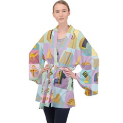 Egypt Icons Set Flat Style Long Sleeve Velvet Kimono 