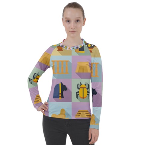 Egypt Icons Set Flat Style Women s Pique Long Sleeve Tee by Wegoenart