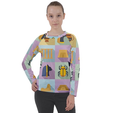 Egypt Icons Set Flat Style Women s Long Sleeve Raglan Tee by Wegoenart