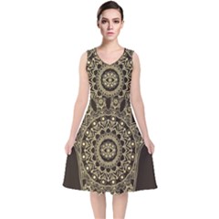 Hamsa Hand Drawn Symbol With Flower Decorative Pattern V-neck Midi Sleeveless Dress  by Wegoenart