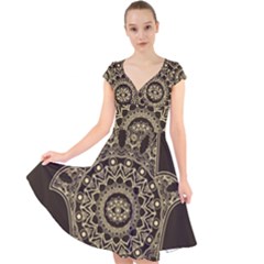 Hamsa Hand Drawn Symbol With Flower Decorative Pattern Cap Sleeve Front Wrap Midi Dress by Wegoenart