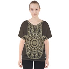 Hamsa Hand Drawn Symbol With Flower Decorative Pattern V-neck Dolman Drape Top by Wegoenart